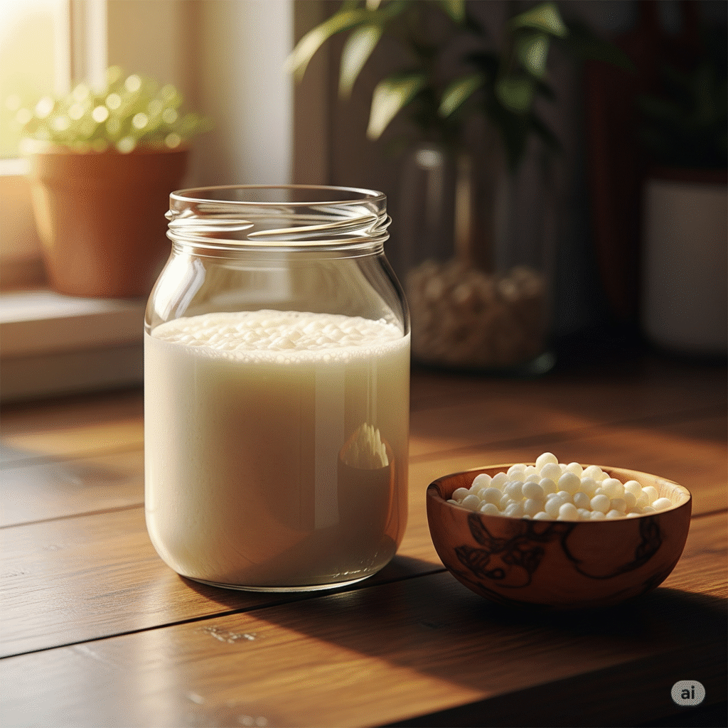 Glass of homemade milk kefir, a healthy