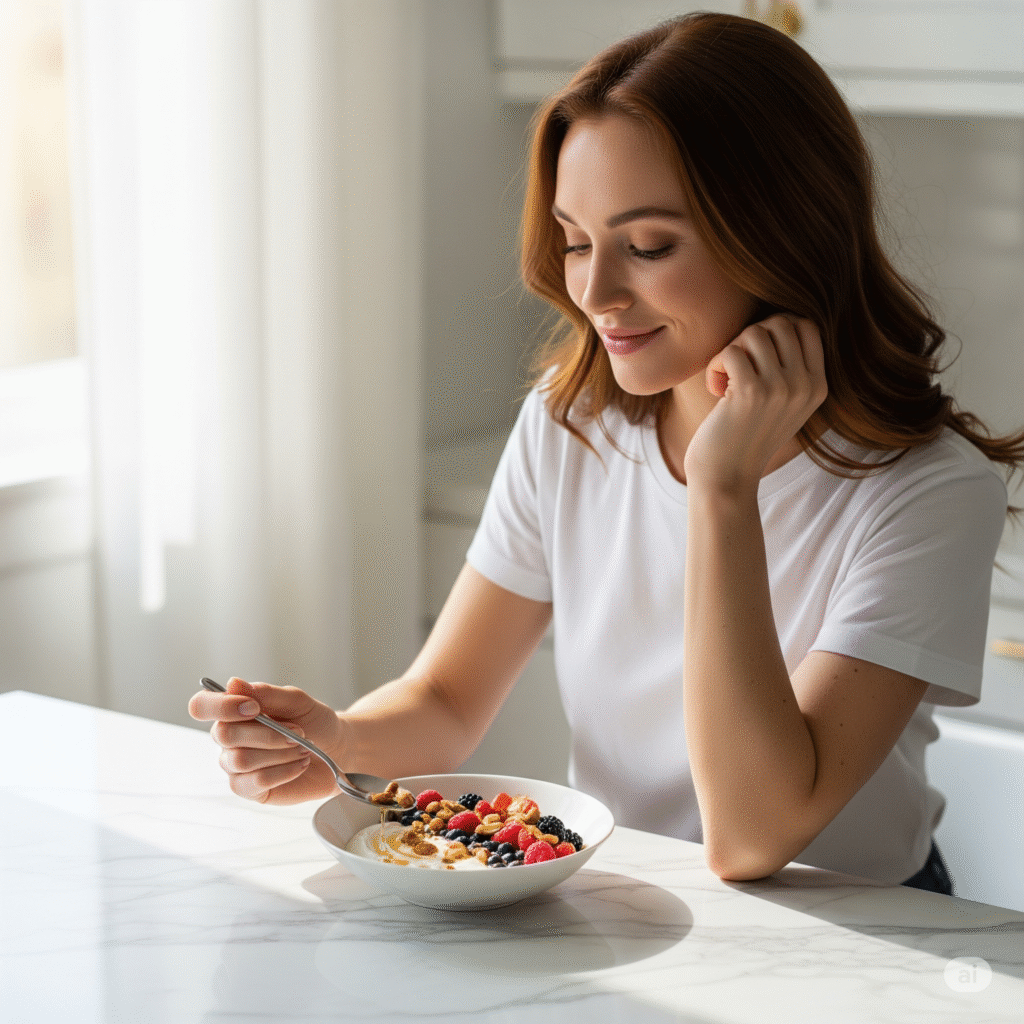 A healthy bowl of yogurt with berries, one of the best probiotic foods for glowing skin.
