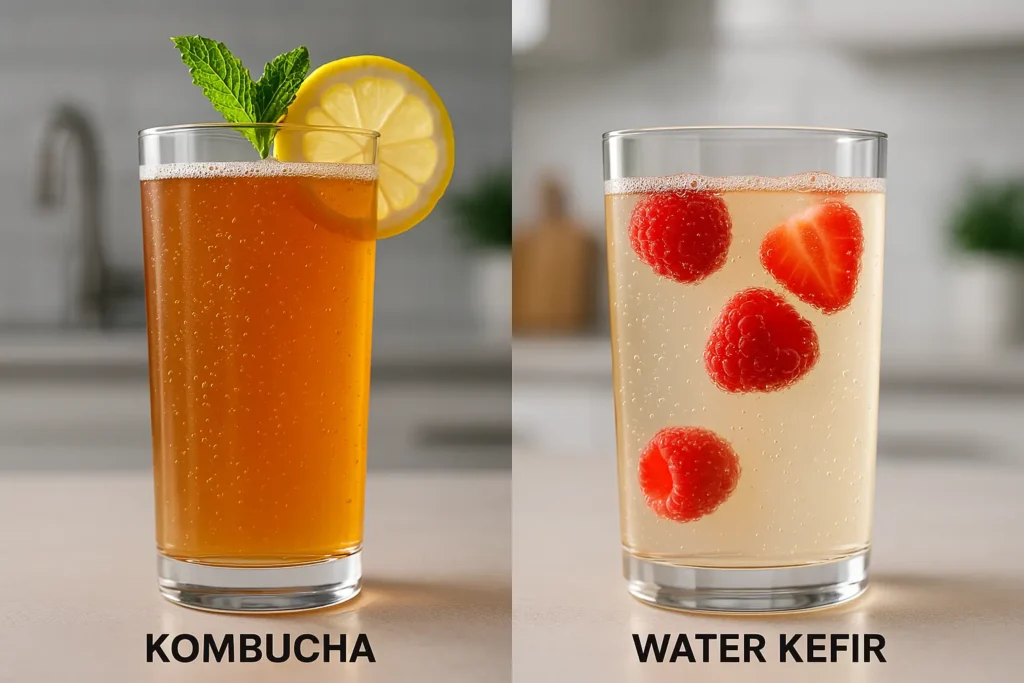 A split-screen image comparing kombucha in a glass on the left with water kefir in a glass on the right, showing the visual difference between the two probiotic drinks