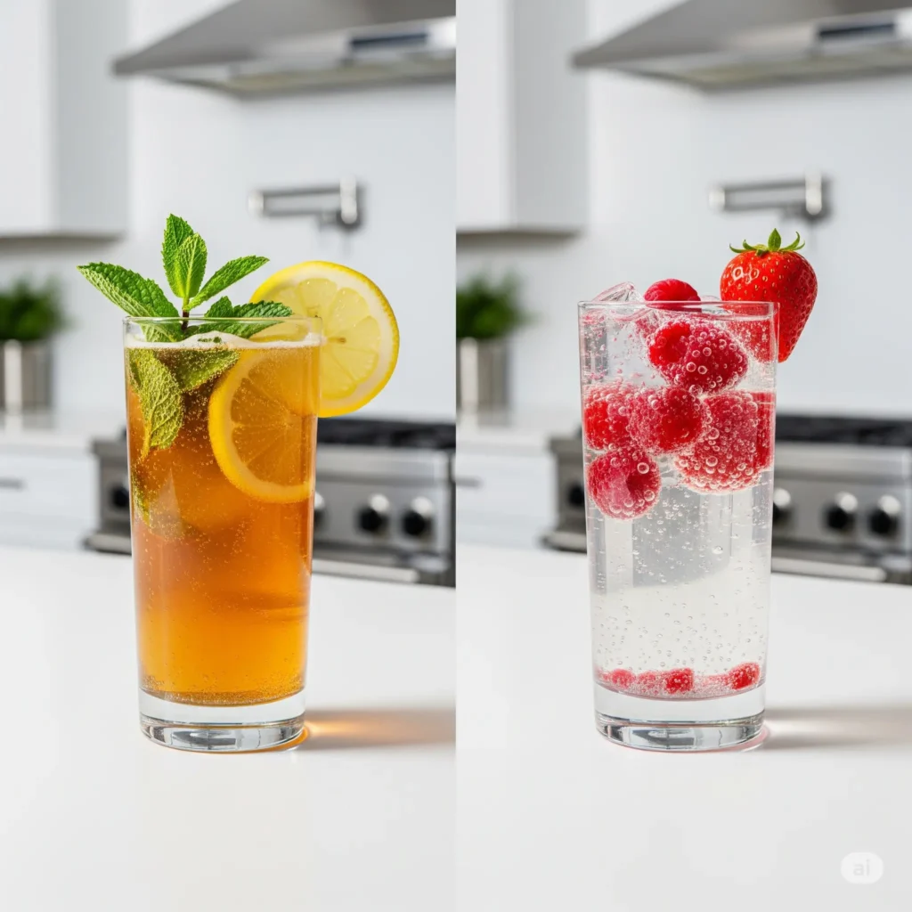 A split-screen image comparing kombucha in a glass on the left with water kefir in a glass on the right, showing the visual difference between the two probiotic drinks.