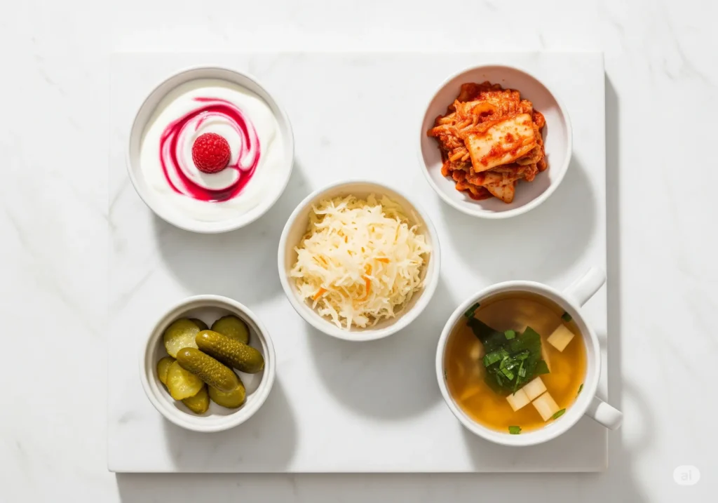 A top-down flat lay of five probiotic-rich foods for glowing skin, including yogurt, kimchi, sauerkraut, fermented pickles, and miso soup