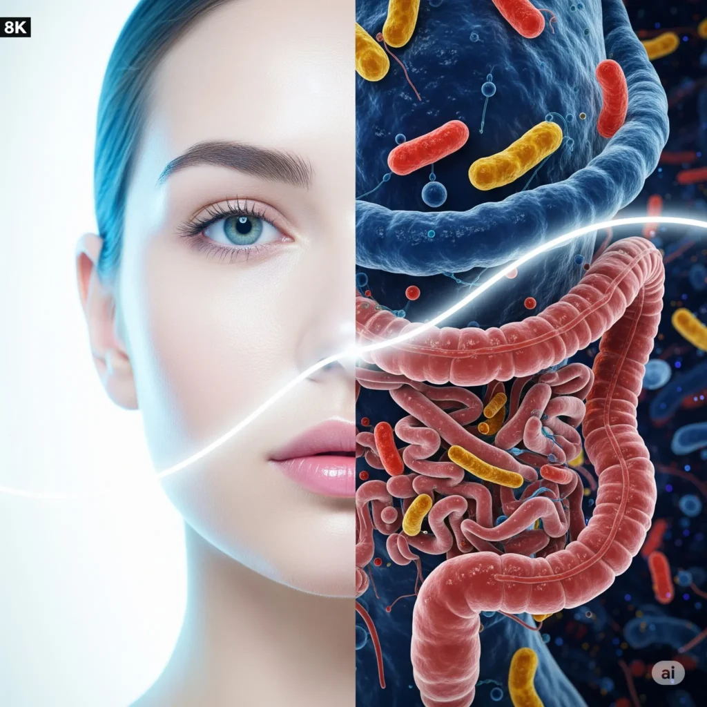 A split-screen conceptual image showing a woman with glowing skin on one side and a healthy gut microbiome on the other, connected to illustrate the gut-skin axis