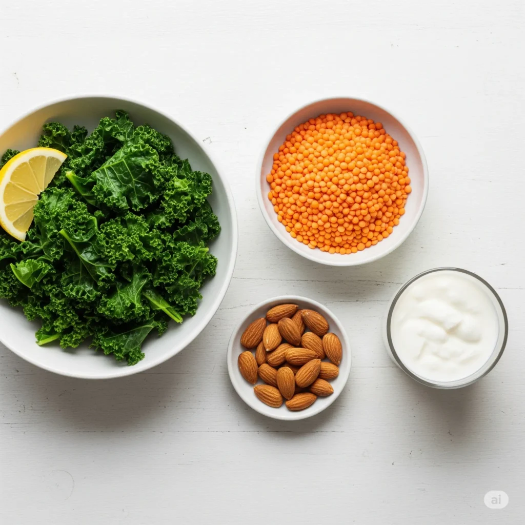 Gut-Friendly Fixes: How to Eat Healthy Without the Bloat A top-down flat lay of gut-friendly foods, including steamed kale, soaked lentils, and a glass of kefir, showing solutions to bloating from healthy eating.