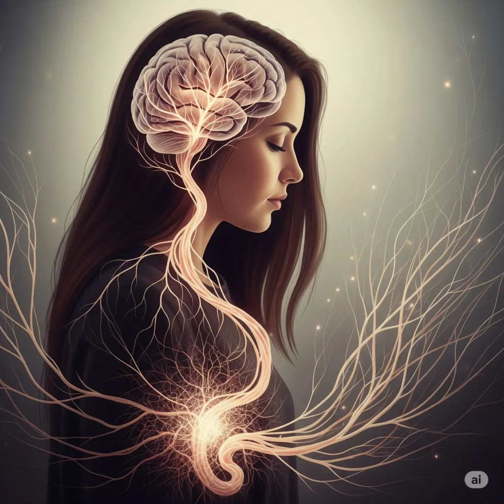 An artistic illustration of a woman whose gut is an internal garden of flowers and weeds, with glowing butterflies fluttering up towards her calm mind