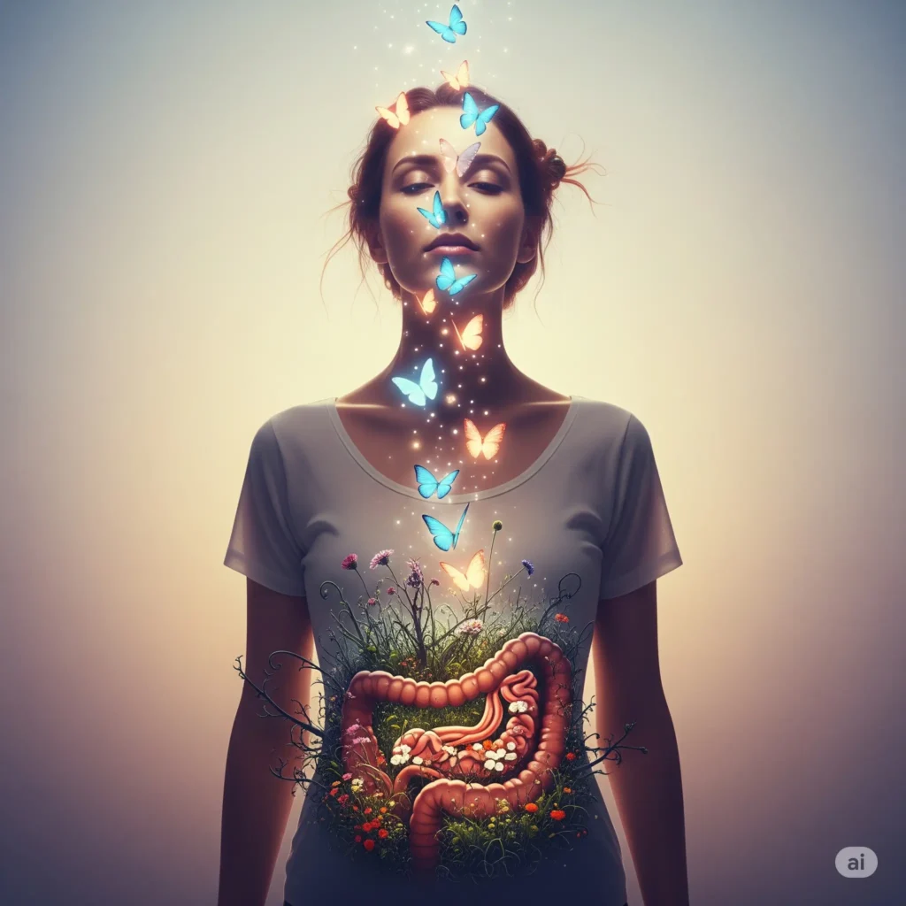 An artistic illustration of a woman whose gut is an internal garden of flowers and weeds, with glowing butterflies fluttering up towards her calm mind