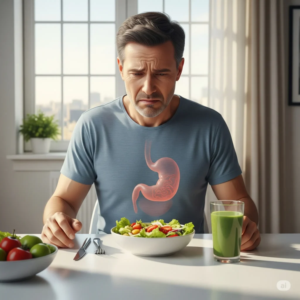 The Healthy Bloat: When Good Foods Feel Bad A person looking confused at a healthy salad, with a conceptual overlay showing a bloated stomach to represent digestive discomfort from healthy food