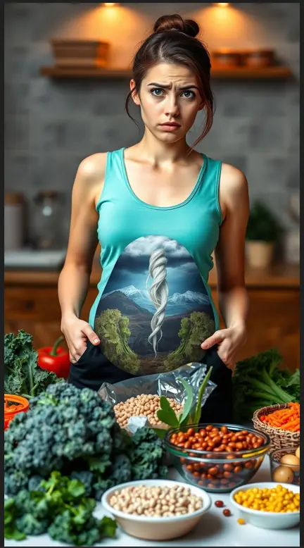 Woman confused by bloating from healthy foods like kale and legumes