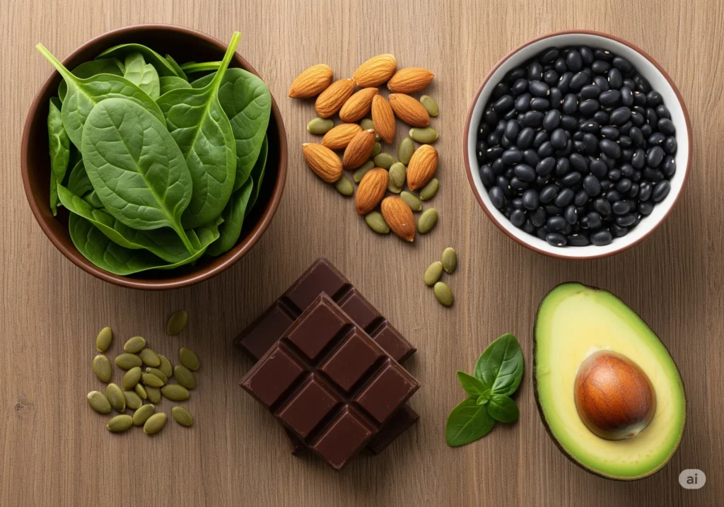 "A top-down photo of magnesium-rich foods for weight loss and gut health, including spinach, almonds, avocado, and dark chocolate."