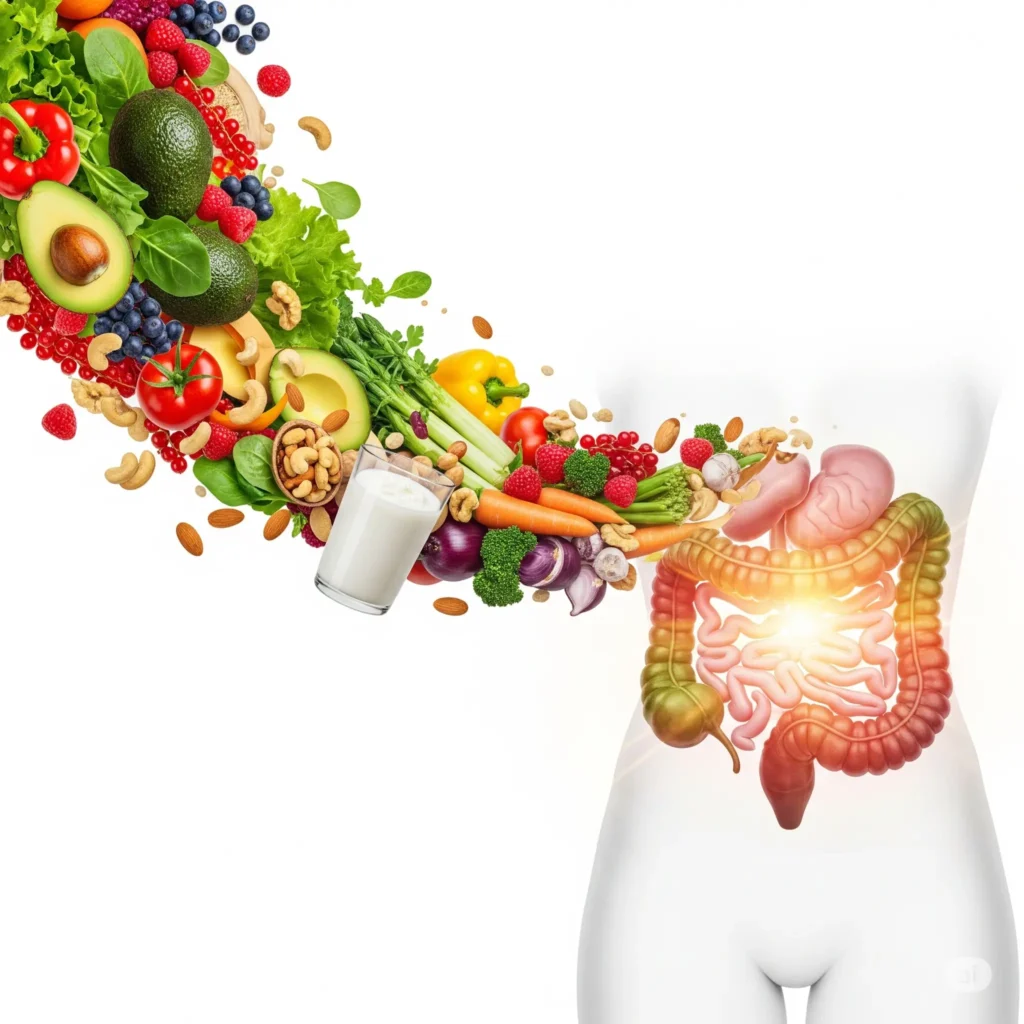 "A dynamic image showing a cascade of colorful, fresh foods like berries, greens, and nuts transforming a person's digestive system into a healthy, glowing organ, illustrating the power of diet on gut health."