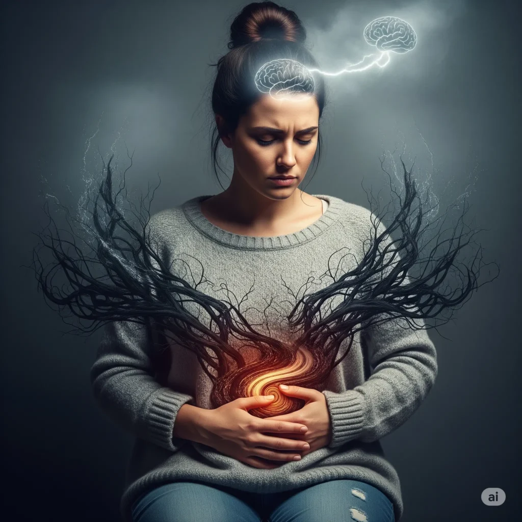"An emotional, photorealistic image depicting gut-brain anxiety. A woman sits with eyes closed in distress, her hand on her stomach from which chaotic, dark energy spirals up to her head, creating a hazy fog to represent internal struggle and brain fog."