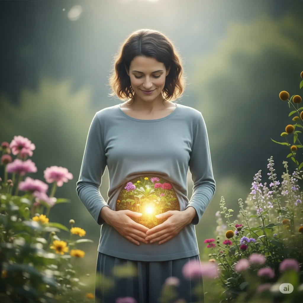 "A serene, photorealistic image of a woman with a calm expression, symbolizing gut health. Her abdomen glows with a warm light as vibrant plants and flowers flourish from it, representing natural healing, peace, and inner balance."