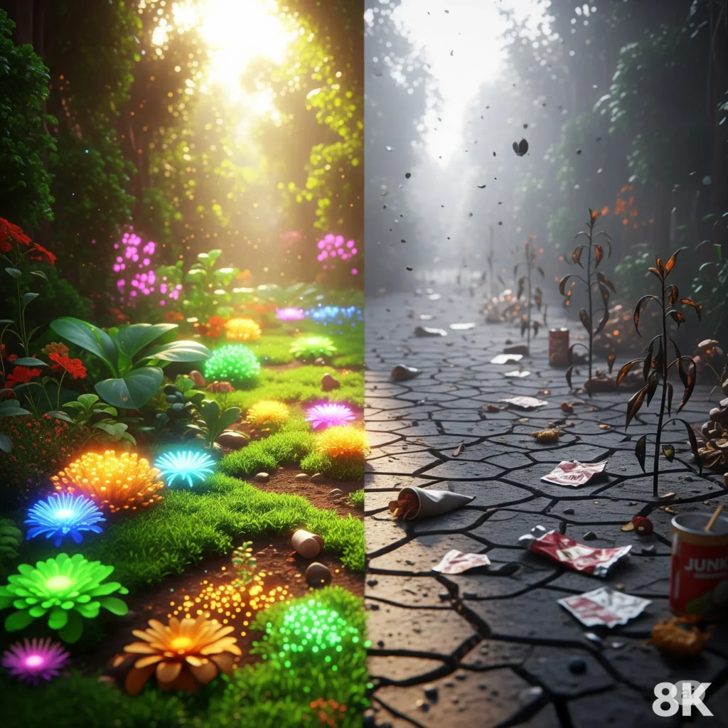 "A conceptual image showing the difference in gut health; one side shows a healthy, thriving gut garden and the other shows barren land representing an unhealthy gut."