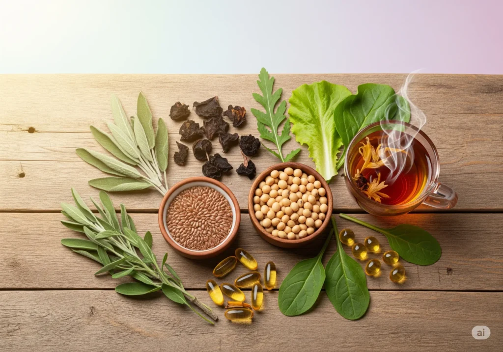 “A smiling middle-aged woman holding herbal tea – natural remedies for hot flashes”