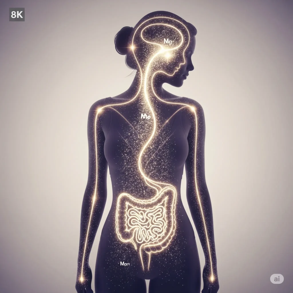 "A conceptual image showing a woman's silhouette with glowing lines connecting her gut, brain, and metabolism, symbolizing how magnesium supports gut health and weight loss."