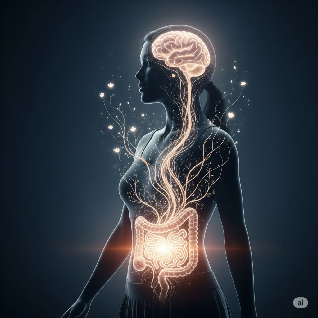 An artistic representation of the gut-brain axis, showing a woman's silhouette with glowing neural pathways and botanical vines connecting her illuminated gut to her brain, symbolizing deep internal communication and health."