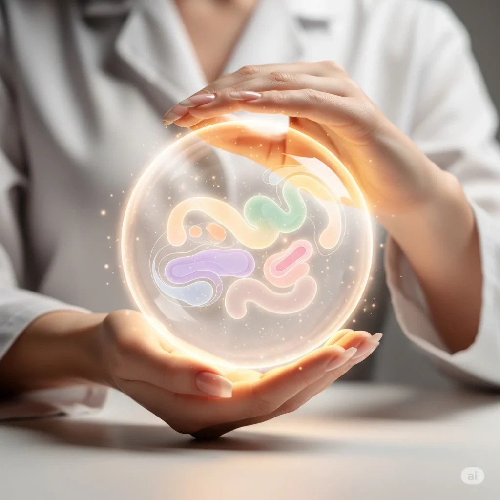 "A conceptual image of a woman's hands holding a glowing sphere representing a balanced gut microbiome, symbolizing natural gut health supplements for women."