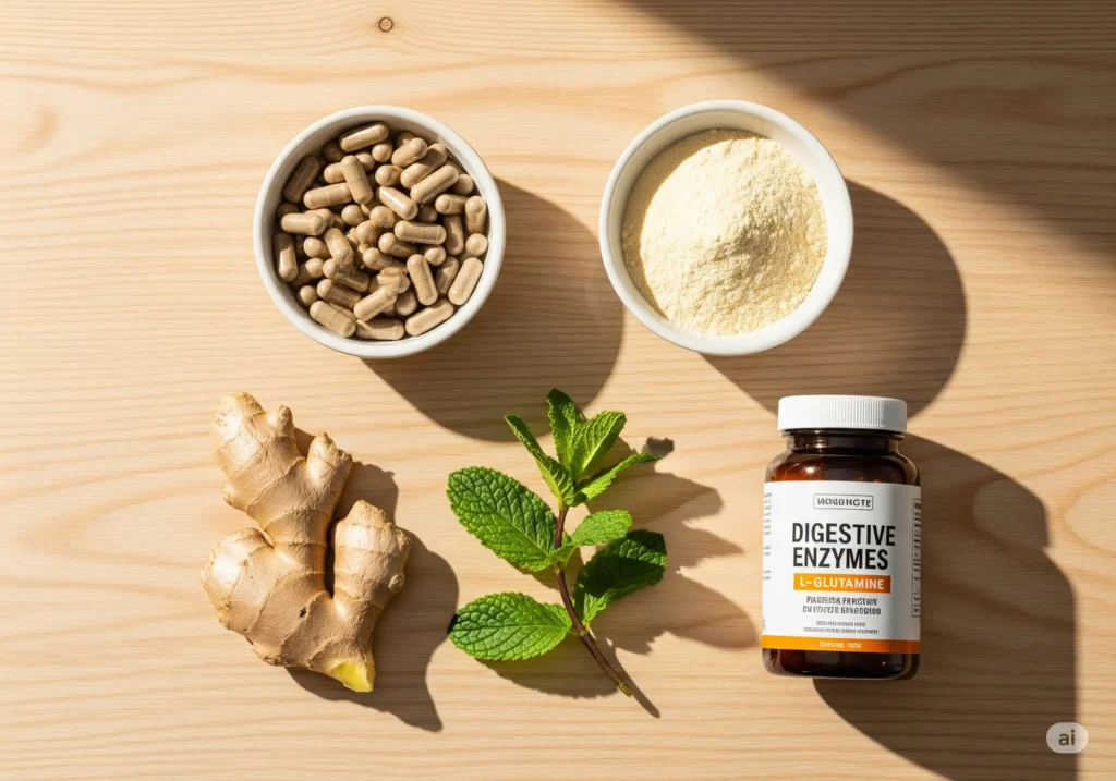 "A flat lay of the best natural gut health supplements for women, including probiotics, L-glutamine, ginger, and digestive enzymes on a clean wooden background."