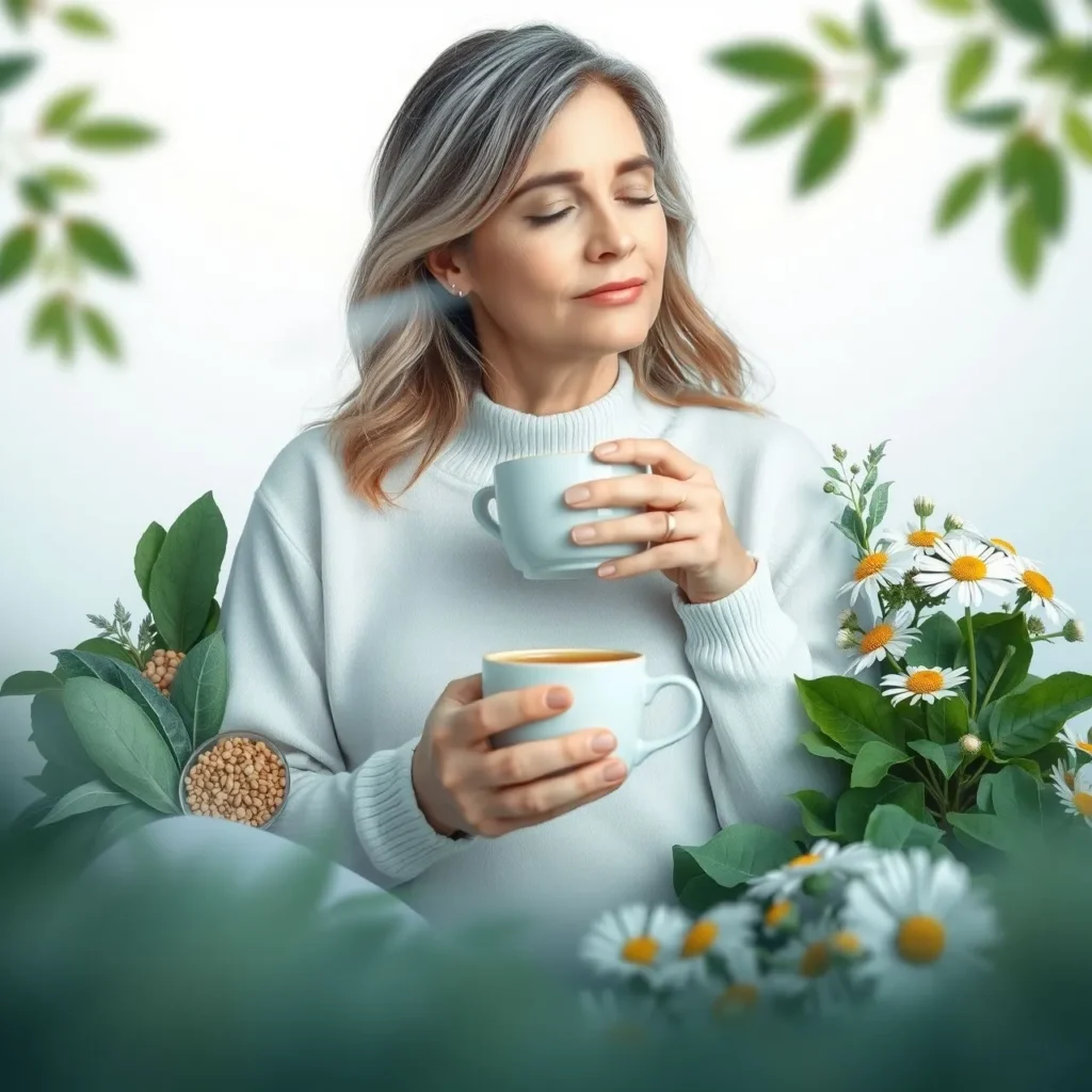 Middle-aged woman relaxing with a cup of herbal tea, surrounded by natural remedies for hot flashes like flaxseeds, sage, and spinach — symbolic of natural menopause relief.