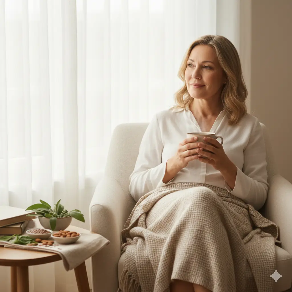 Middle-aged woman enjoying herbal tea as a natural remedy for hot flashes