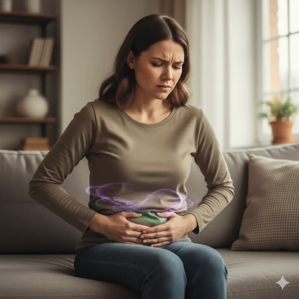 Woman experiencing bloating and digestive discomfort caused by gut health mistakes