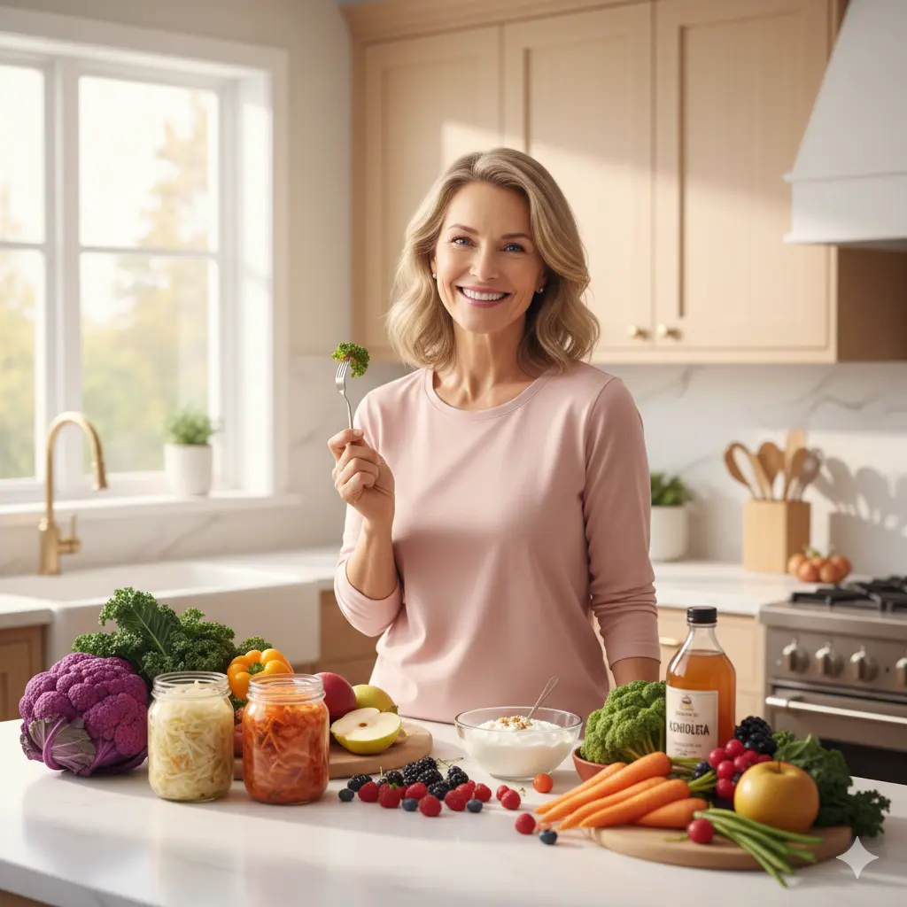 Woman holding fresh vegetables representing gut health for women