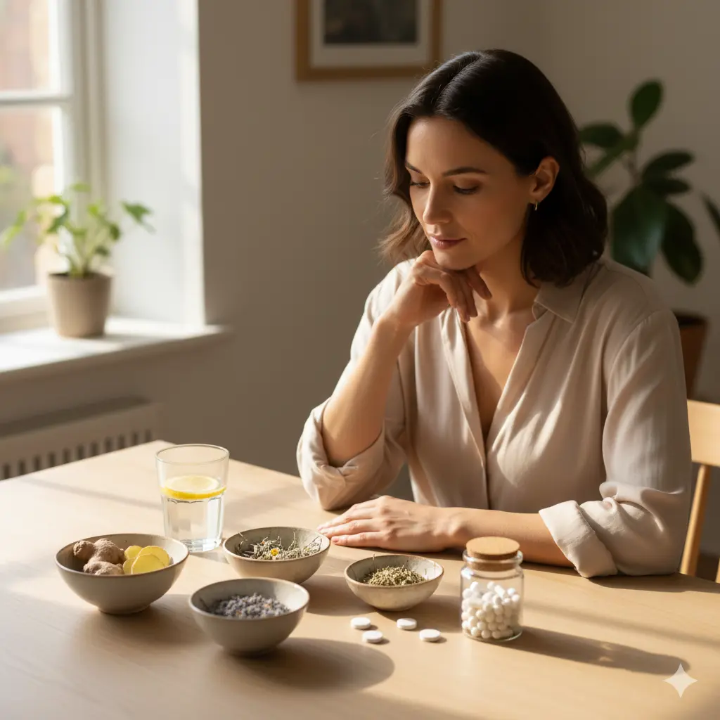Woman thoughtfully choosing natural gut health supplements in a calm home setting