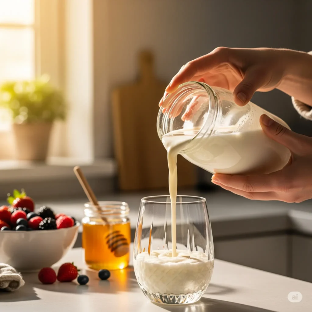 Homemade milk kefir rich in probiotics for improving gut health naturally