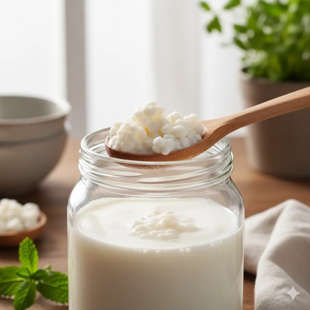 Homemade milk kefir with live kefir grains supporting healthy gut bacteria