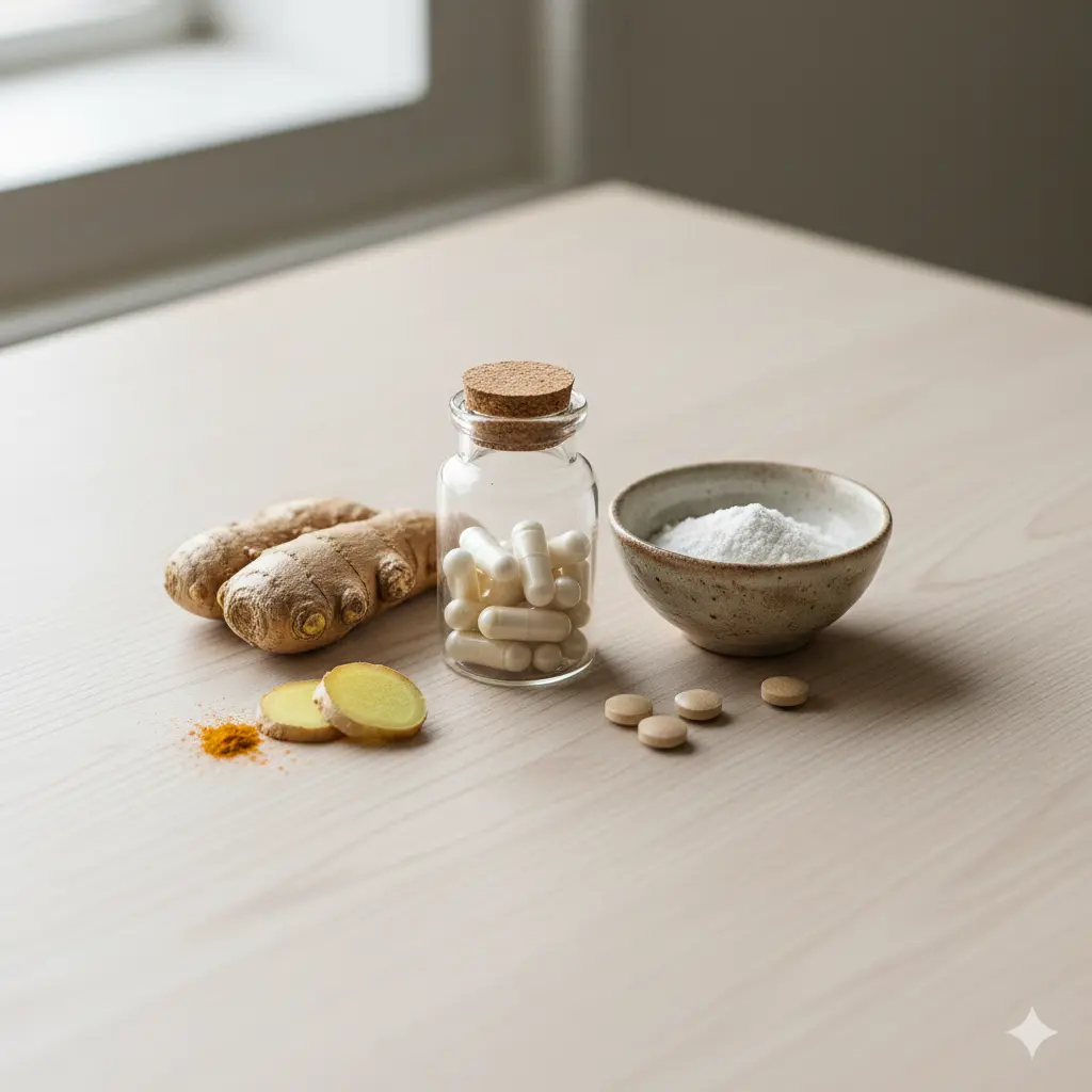 Natural gut health supplements for women including probiotics, ginger, and digestive support nutrients