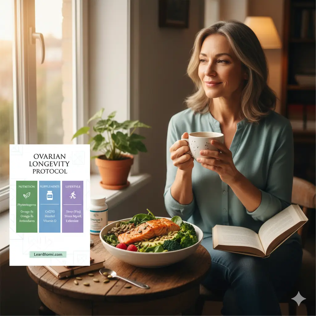 Infographic showing ovarian longevity food list for hormonal balance.