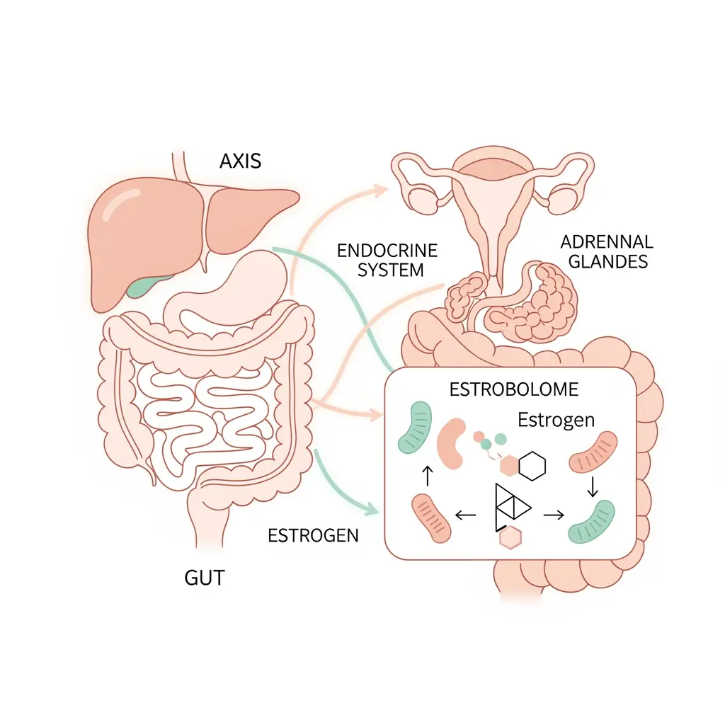 Illustration showing the gut hormone axis and estrogen metabolism pathway between the digestive system and endocrine system.