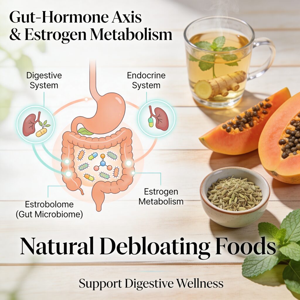 Natural foods for debloating including fresh ginger tea, papaya slices, fennel seeds and peppermint leaves on a light background.