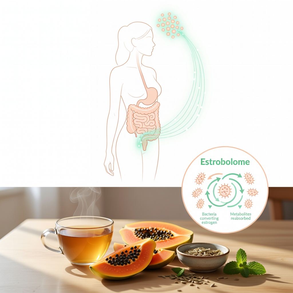 Illustration showing the gut hormone axis and estrogen metabolism pathway between the digestive system and endocrine system.