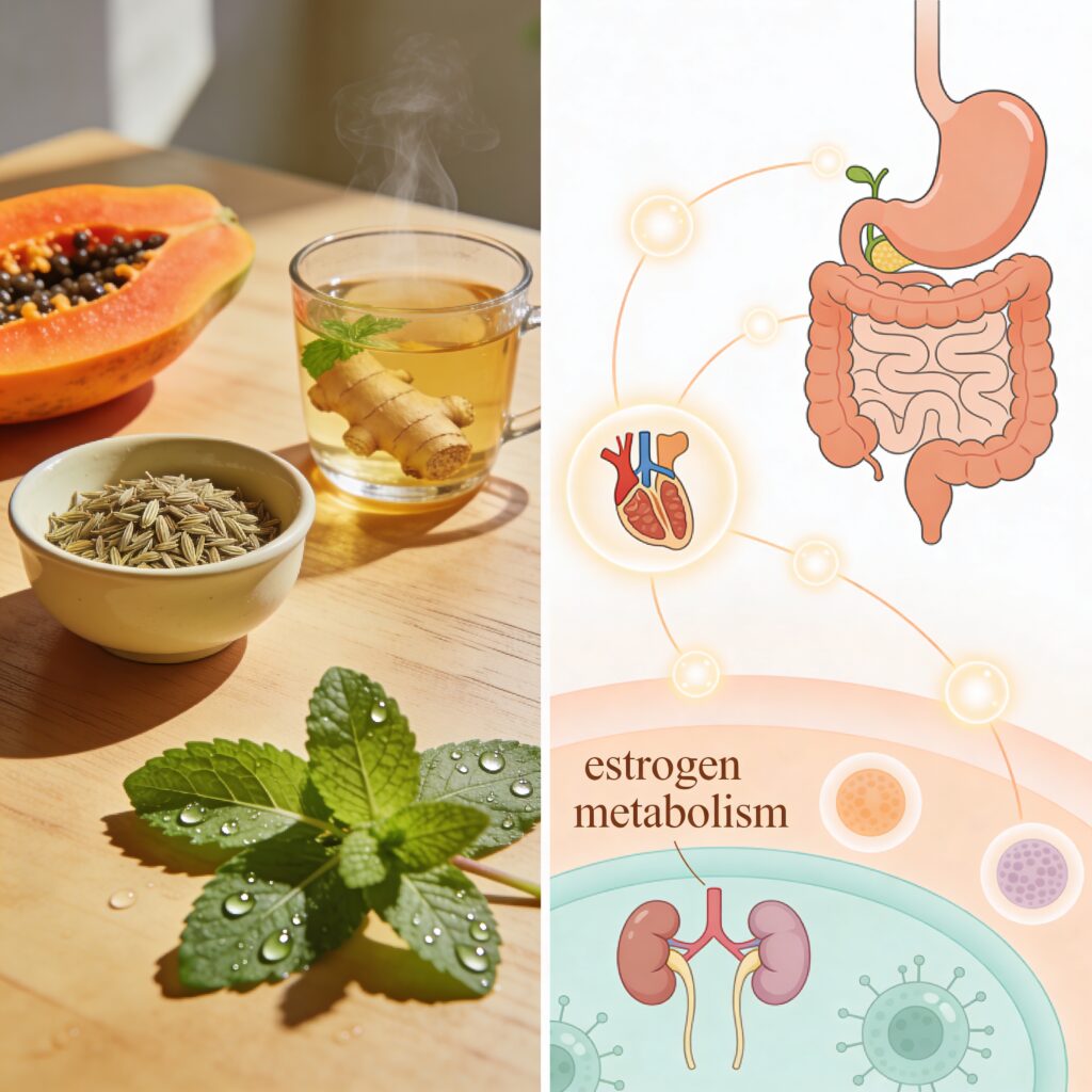 Illustration showing the gut hormone axis and estrogen metabolism pathway between the digestive system and endocrine system.